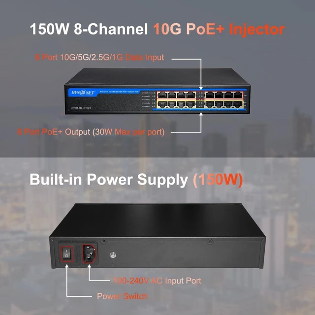 Alt view image 4 of 7 - 8 Port 802.3at 10G PoE+ Injector, 8 Port 30W PoE+@150W, 1G/2.5G/5G/10Gbps PoE+ Midspan(Model:PE908R-10G-AT-150W)