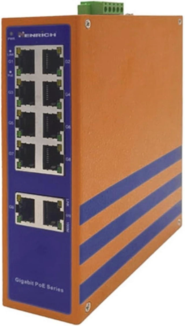 Main image of Henrich 10-Port Gigabit Unmanaged Industrial PoE+ Switch, 8 PoE+, 240W