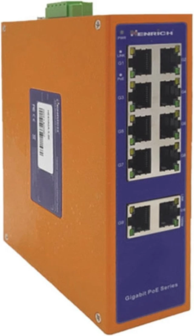 Alt view image 3 of 4 - Henrich 10-Port Gigabit Unmanaged Industrial PoE+ Switch, 8 PoE+, 240W
