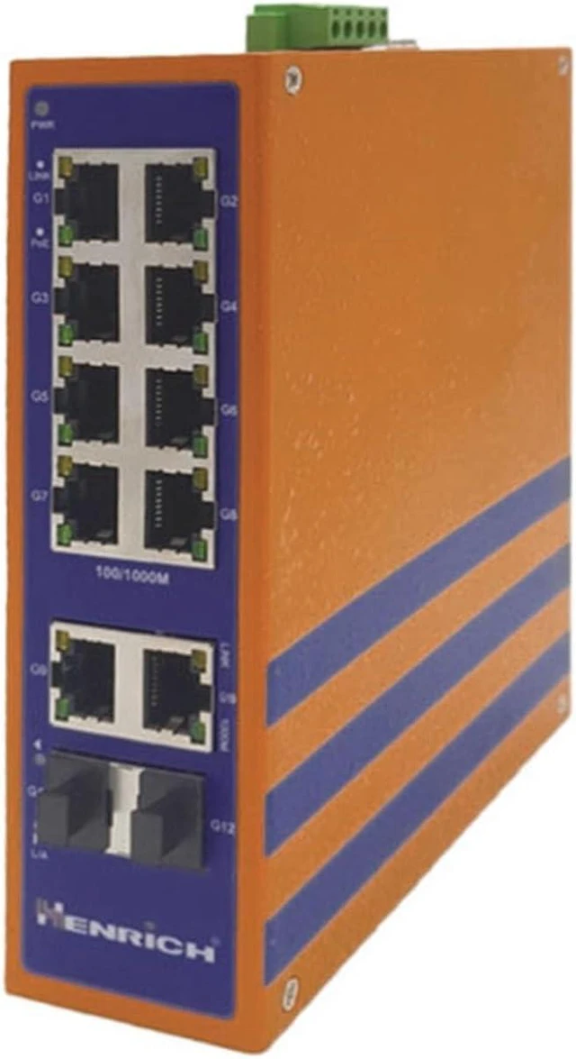 Main image of Henrich 12-Port Gigabit Industrial Unmanaged PoE+ Switch, 8 x 30W PoE+