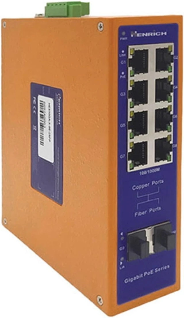 Alt view image 3 of 4 - Henrich 10-Port Gigabit Industrial Unmanaged PoE+ Switch, 8 x 30W PoE+