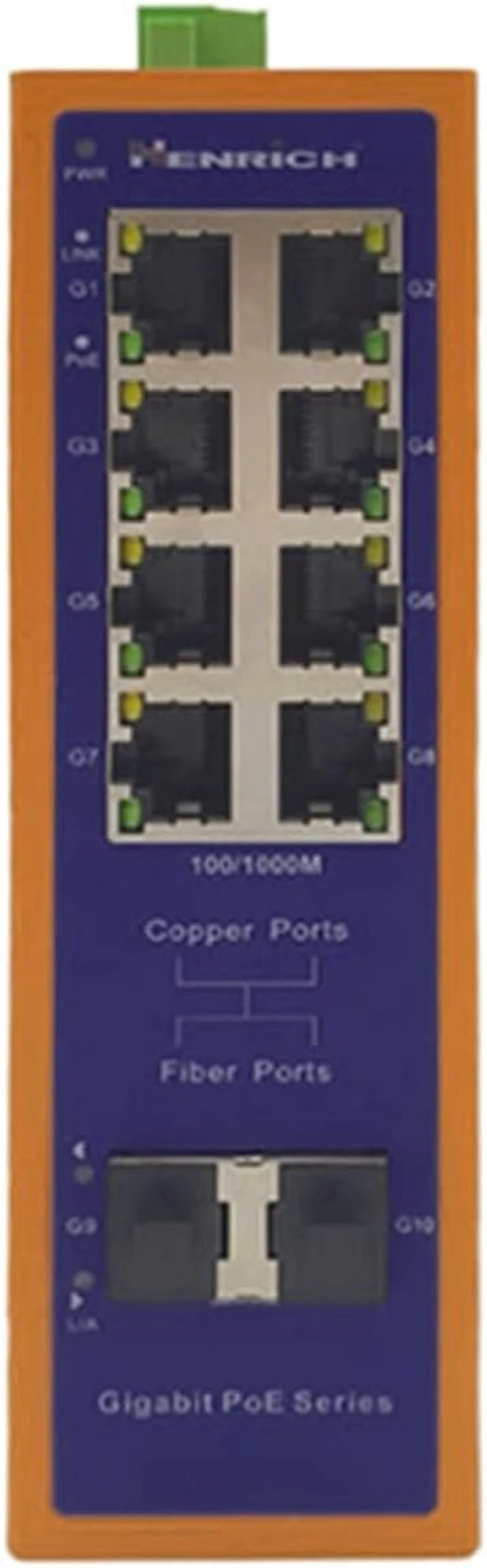 Alt view image 2 of 4 - Henrich 10-Port Gigabit Industrial Unmanaged PoE+ Switch, 8 x 30W PoE+