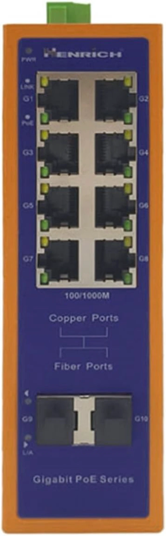 Alt view image 2 of 4 - Henrich 10-Port Gigabit Industrial Unmanaged PoE+ Switch, 8 x 30W PoE+