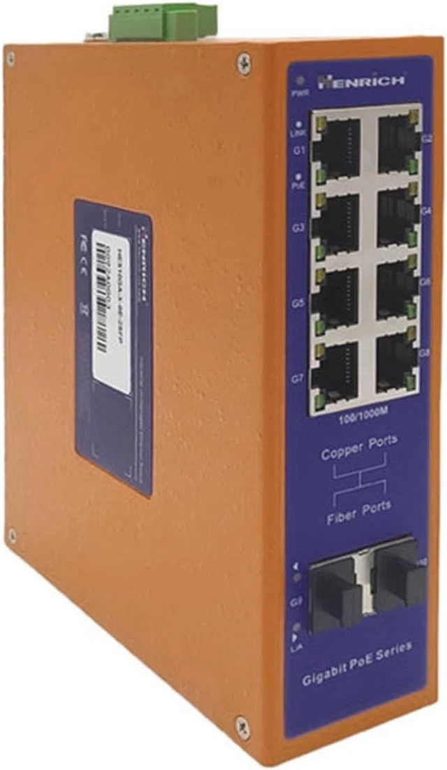 Alt view image 3 of 4 - Henrich 10-Port Gigabit Industrial Unmanaged PoE+ Switch, 8 x 30W PoE+