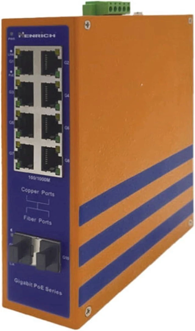Main image of Henrich 10-Port Gigabit Industrial Unmanaged PoE+ Switch, 8 x 30W PoE+