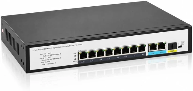 Main image of 8 Port Gigabit PoE+ Switch, 30W per Port IEEE 802.3af/at, 2 Gigabit Uplink RJ45 + 1 SFP Port, 250m Long Range Extend Mode, Unmanaged Plug and Play PoE Switch for IP Cameras, Wireless AP, VoIP