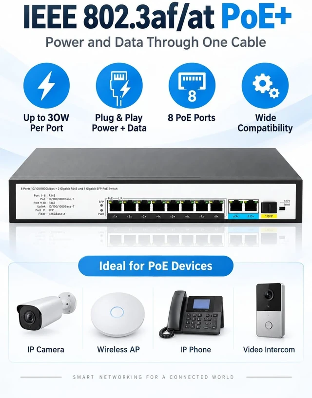 Alt view image 3 of 7 - 8 Port Gigabit PoE+ Switch, 30W per Port IEEE 802.3af/at, 2 Gigabit Uplink RJ45 + 1 SFP Port, 250m Long Range Extend Mode, Unmanaged Plug and Play PoE Switch for IP Cameras, Wireless AP, VoIP
