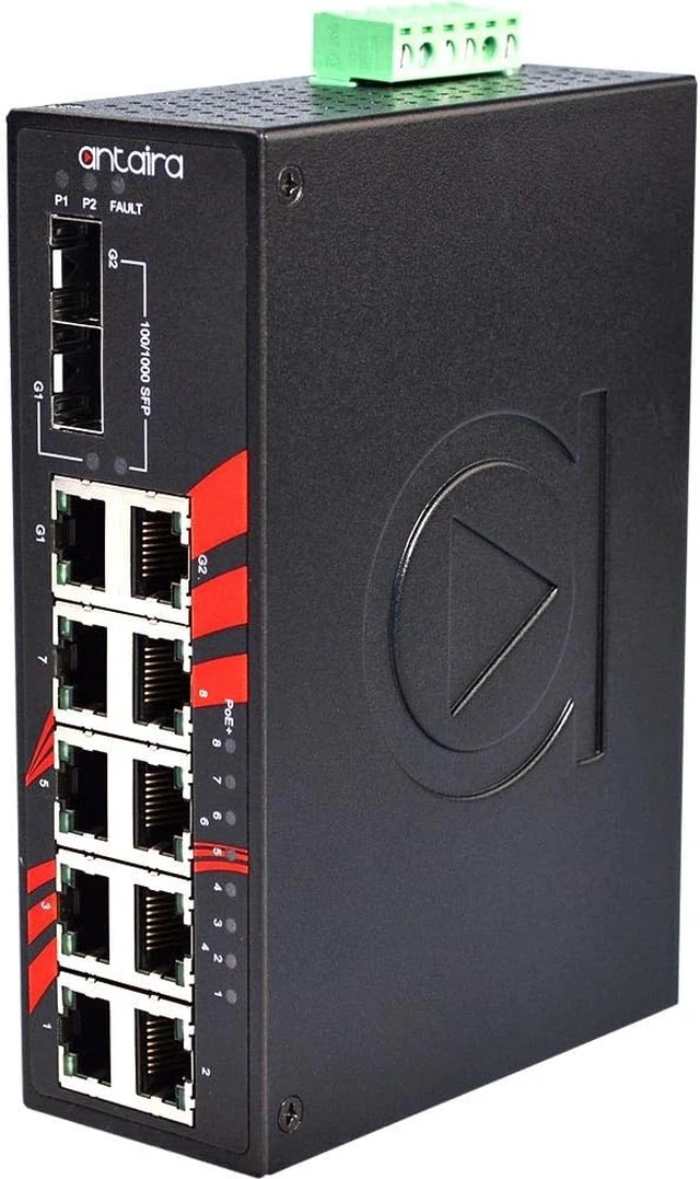 Alt view image 2 of 6 - Antaira LNP-1002C-SFP-24-T Industrial 10-Port PoE Unmanaged Gigabit Ethernet Switch, 2 SFPs, DIN-Rail Mount, -40 to 75°C Operating Temperature, Redundant 12 to 36 VDC Power Input, 5-Year Warranty