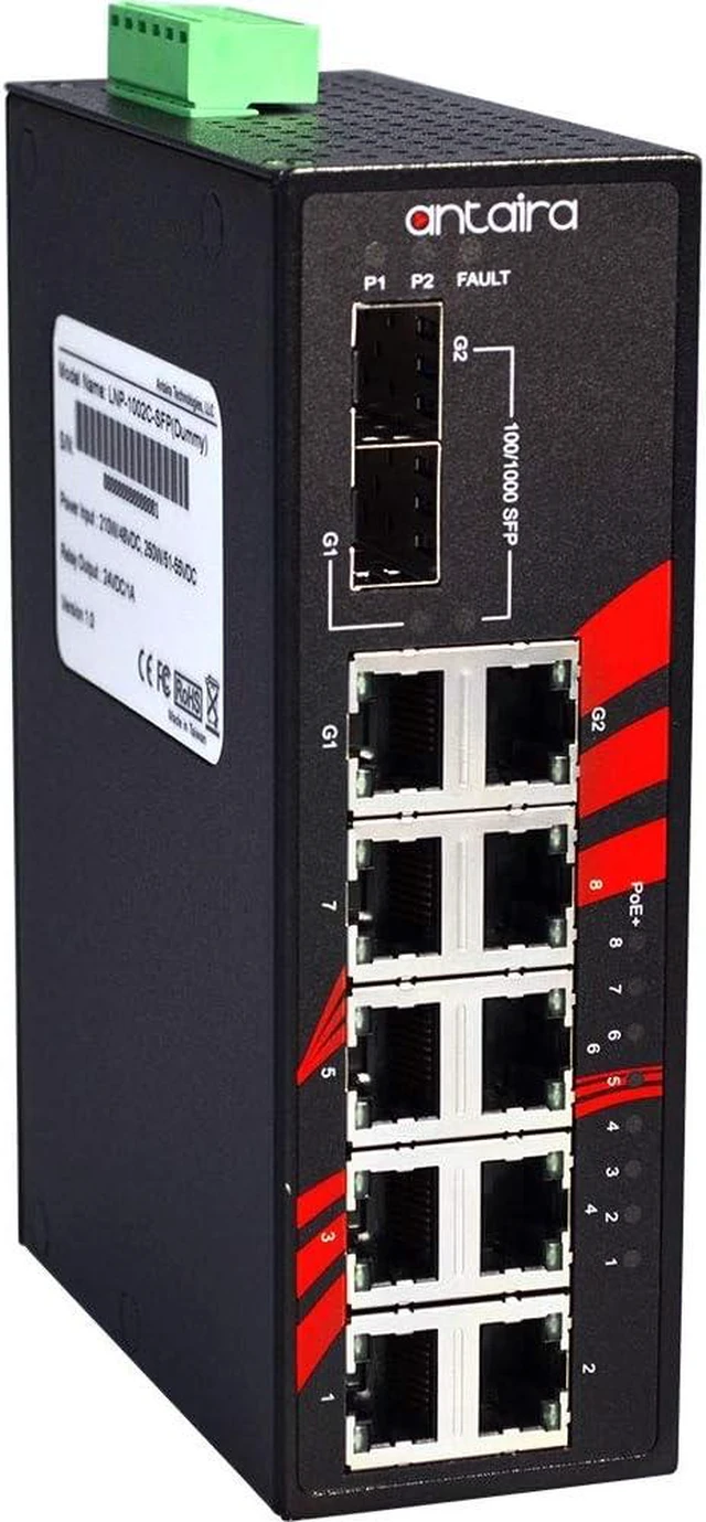 Main image of Antaira LNP-1002C-SFP-24-T Industrial 10-Port PoE Unmanaged Gigabit Ethernet Switch, 2 SFPs, DIN-Rail Mount, -40 to 75°C Operating Temperature, Redundant 12 to 36 VDC Power Input, 5-Year Warranty