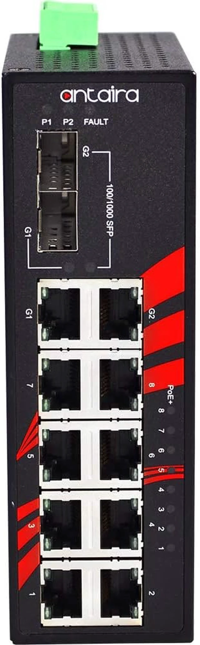Alt view image 3 of 6 - Antaira LNP-1002C-SFP-24-T Industrial 10-Port PoE Unmanaged Gigabit Ethernet Switch, 2 SFPs, DIN-Rail Mount, -40 to 75°C Operating Temperature, Redundant 12 to 36 VDC Power Input, 5-Year Warranty