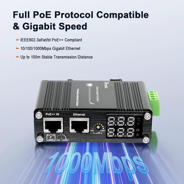 Alt view image 4 of 7 - Industrial Gigabit Smart PoE++ Splitter 10/100/1000Mbps IEEE802.3af/at/bt with LED Display and Adjustable Output Voltage 5~36VDC 70W for Non-PoE Devices (Smart PoE Splitter 95W)