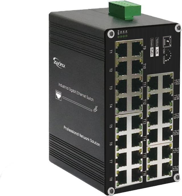 Main image of 28-Port Gigabit PoE+ Industrial Switch, 360W, DIN-Rail, 48-57V DC