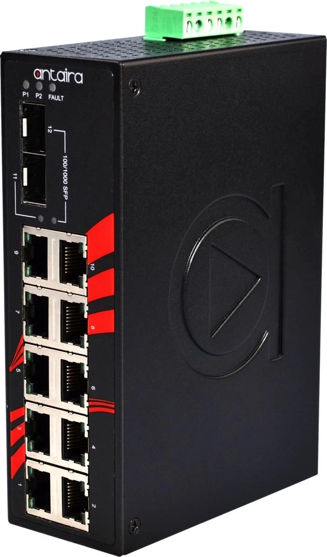 Alt view image 2 of 5 - Antaira LNX-1202G-SFP-T Industrial-Grade 12-Port Unmanaged Gigabit Ethernet Switch, 2 SFP Slots, DIN-Rail Mount, -40 to 75°C Operating Temperature, Redundant 12 to 48 VDC Power Input