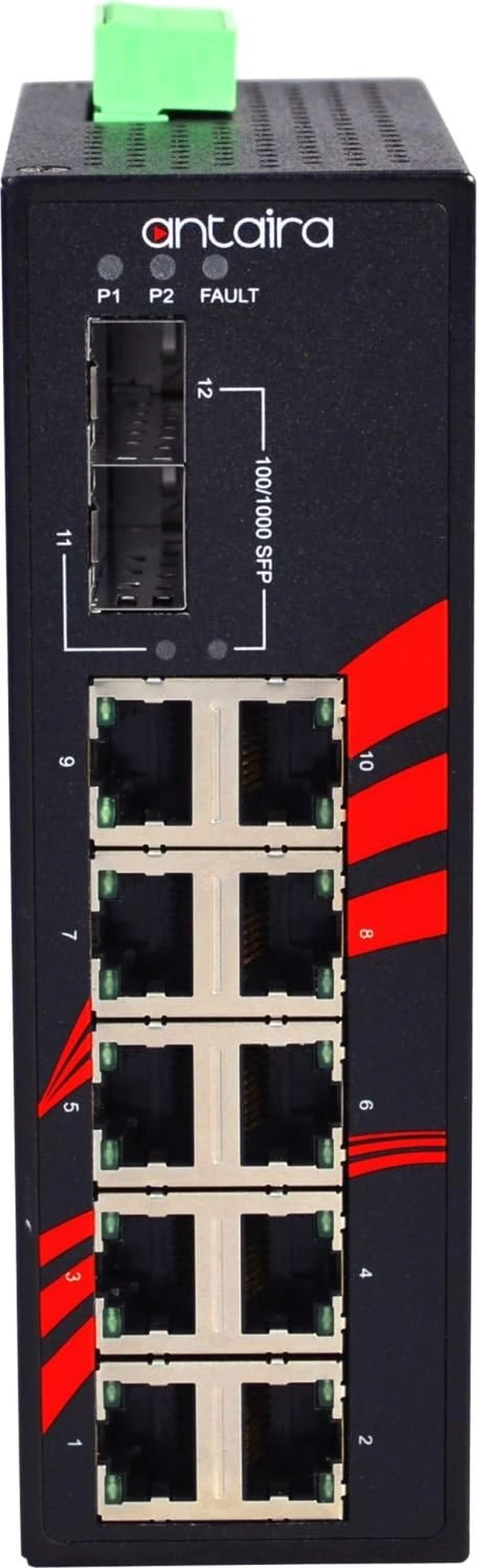Alt view image 3 of 5 - Antaira LNX-1202G-SFP-T Industrial-Grade 12-Port Unmanaged Gigabit Ethernet Switch, 2 SFP Slots, DIN-Rail Mount, -40 to 75°C Operating Temperature, Redundant 12 to 48 VDC Power Input