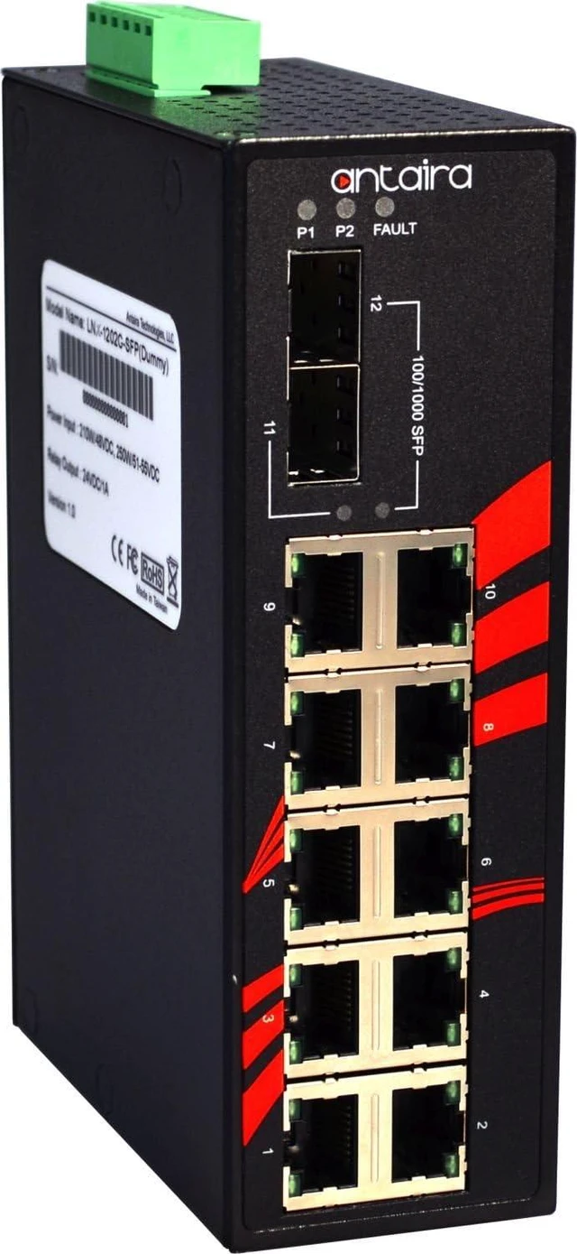 Main image of Antaira LNX-1202G-SFP-T Industrial-Grade 12-Port Unmanaged Gigabit Ethernet Switch, 2 SFP Slots, DIN-Rail Mount, -40 to 75°C Operating Temperature, Redundant 12 to 48 VDC Power Input