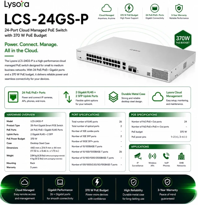 Alt view image 2 of 5 - Lysora LCS-24GS-P 24-Port Gigabit Cloud Managed PoE Switch with 2 SFP Uplinks