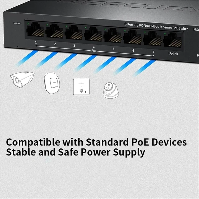 Alt view image 6 of 6 - 8 Port Gigabit POE Switch IEEE802.3af 65W POE 10/100/1000M & Play Unmanaged Home Switch for Surveillance POE Camera(EU Adapter)