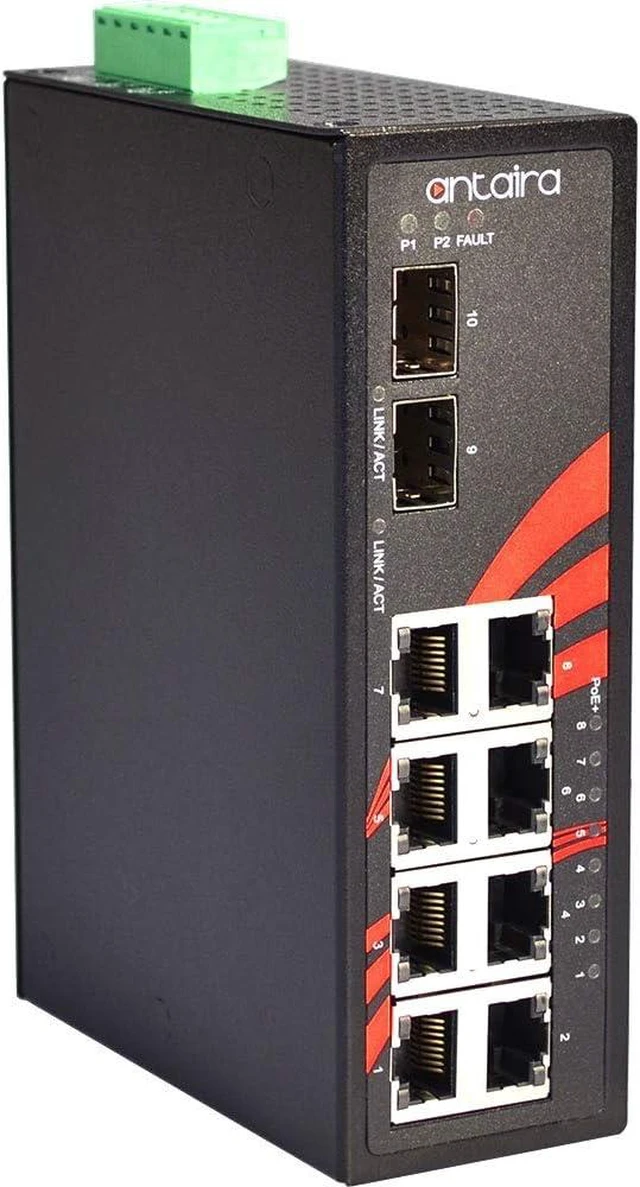 Main image of Antaira LNP-1002G-SFP Industrial-Grade 10-Port PoE Unmanaged Gigabit Ethernet Switch, 2 SFPs, DIN-Rail Mount, -10 to 70°C Operating Temperature, Redundant 48 to 55 VDC Power Input, 5-Year Warranty