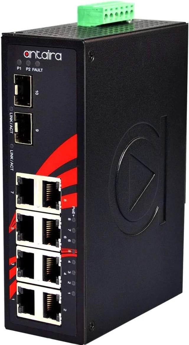 Alt view image 2 of 6 - Antaira LNP-1002G-SFP Industrial-Grade 10-Port PoE Unmanaged Gigabit Ethernet Switch, 2 SFPs, DIN-Rail Mount, -10 to 70°C Operating Temperature, Redundant 48 to 55 VDC Power Input, 5-Year Warranty