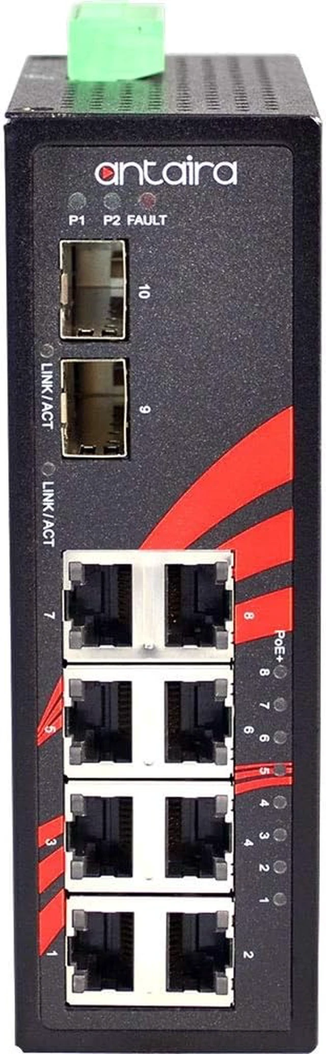 Alt view image 3 of 6 - Antaira LNP-1002G-SFP Industrial-Grade 10-Port PoE Unmanaged Gigabit Ethernet Switch, 2 SFPs, DIN-Rail Mount, -10 to 70°C Operating Temperature, Redundant 48 to 55 VDC Power Input, 5-Year Warranty