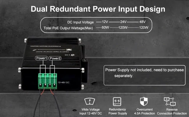Alt view image 4 of 7 - Mini Size 5 Port Gigabit Industrial Solar Battery UPS PoE Switch, Input DC12V-48V to Output DC48V, IEEE802.3af/at PoE, Unmanaged IP40 Network Switch, 10Gbps Capacity