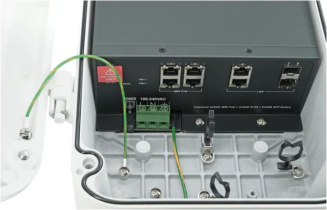 Alt view image 4 of 7 - Outdoor Gigabit PoE+ Switch, TAA Compliant, 4 Port 30W PoE+, 2 RJ45 Uplink, 2 SFP Uplink, IP67 IK10 Aluminum Housing, 150W Power Budget, Unmanaged, 16 Gbps, 6kV/40kV Surge Protection