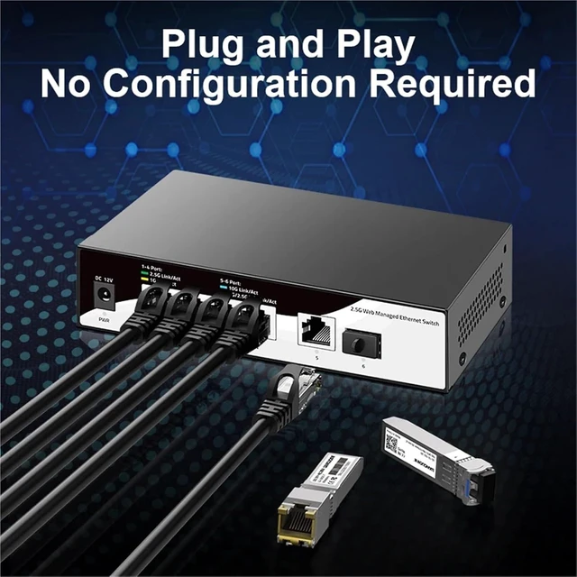 Alt view image 5 of 6 - 1Pcs 2.5Gb Switch 4 Port 2.5G Managed Network Switch with 1 10G RJ45 and 1 10GbE SFP+ Slot Home Lab Setup Ethernet Switch(UK Adapter)