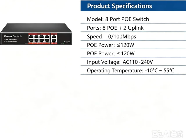 Alt view image 3 of 7 - 8-Port PoE+ Network Switch 120W with 2 Uplink Ports