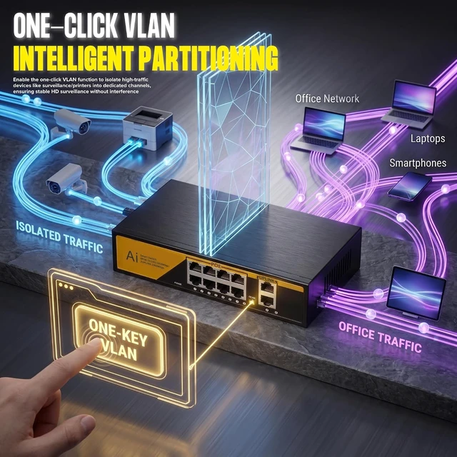 Alt view image 5 of 7 - 8 Port Full Gigabit PoE+ Switch with 2 Gigabit Uplink, 120W 1000Mbps
