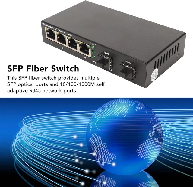 Alt view image 2 of 7 - 6 Port Gigabit SFP Fiber Switch, 10/100/1000M Self Adaptive RJ45 and SFP Slots, Plug and Play Ethernet Optical Switch with LED Indicator for Office Network, 100-240V