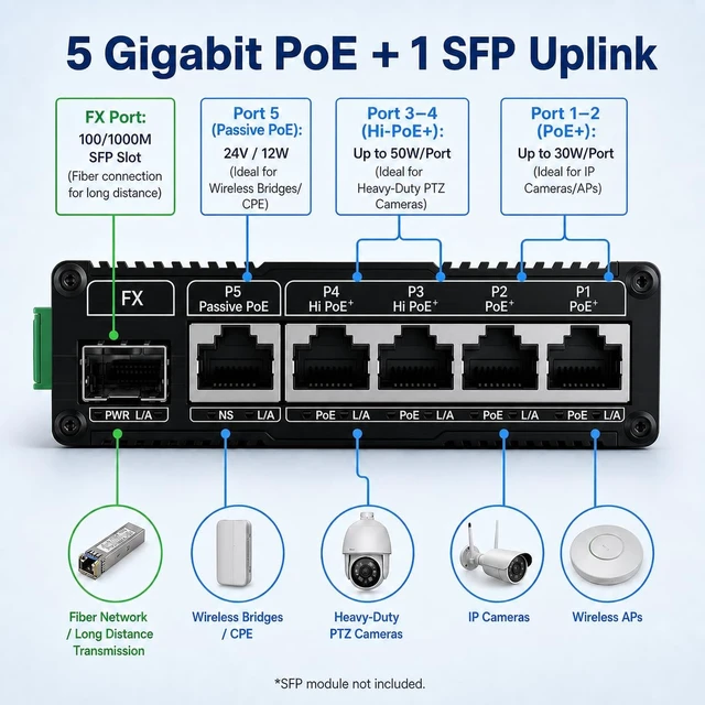 Alt view image 2 of 7 - 5-Port Gigabit Industrial PoE Switch with 1 SFP, 12-48V DC Input