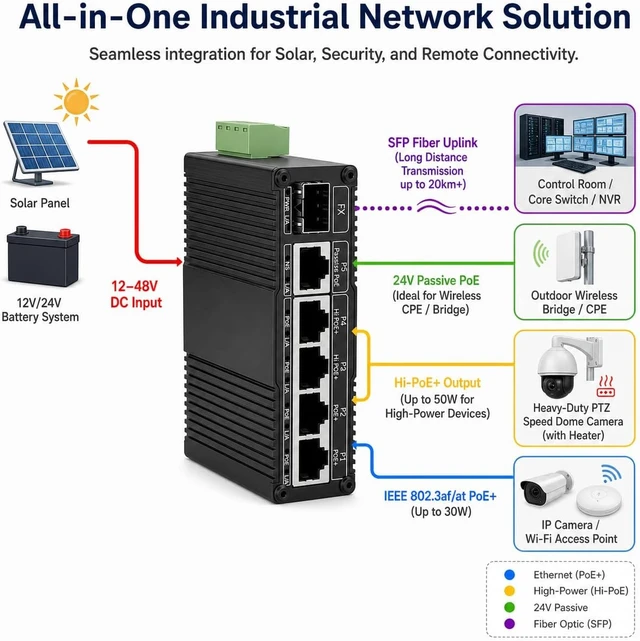Alt view image 4 of 7 - 5-Port Gigabit Industrial PoE Switch with 1 SFP, 12-48V DC Input