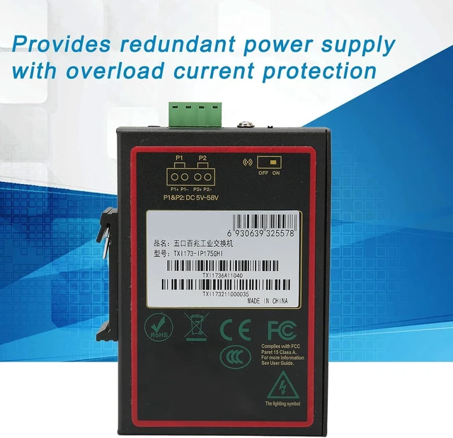 Alt view image 7 of 7 - 5 Port Fast Ethernet Switch, Industrial DIN Rail Mount, 10/100Mbps Auto Adaptive RJ45, Dual Redundant Power, Wide Temperature -40~85°C, Metal Hardened for Harsh Environments
