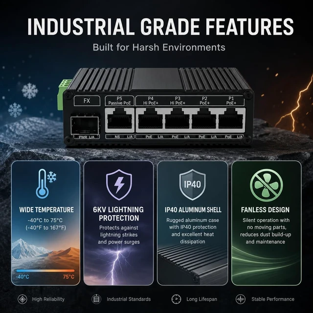 Alt view image 5 of 7 - 5-Port Gigabit Industrial PoE Switch with 1 SFP, 12-48V DC Input