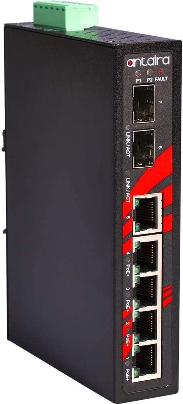 Main image of Antaira LNP-0702C-SFP-T Industrial-Grade 7-Port PoE Unmanaged Gigabit Ethernet Switch, 2 SFPs, DIN-Rail Mount, -40 to 75°C Operating Temperature, Redundant 48 to 55 VDC Power Input, 5-Year Warranty