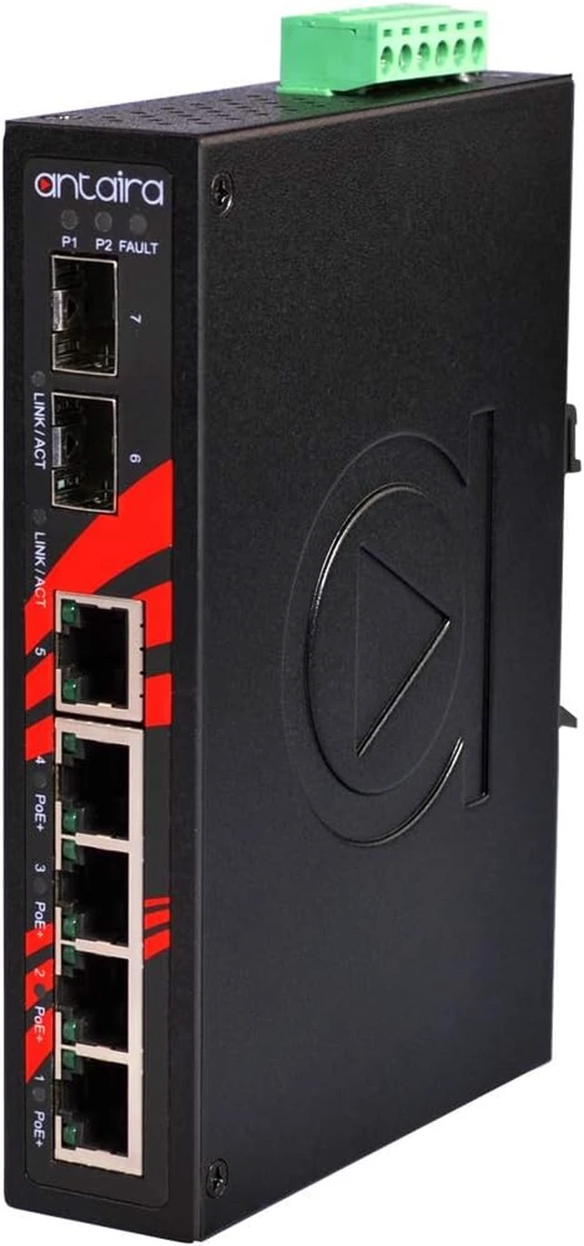 Alt view image 2 of 5 - Antaira LNP-0702C-SFP-T Industrial-Grade 7-Port PoE Unmanaged Gigabit Ethernet Switch, 2 SFPs, DIN-Rail Mount, -40 to 75°C Operating Temperature, Redundant 48 to 55 VDC Power Input, 5-Year Warranty