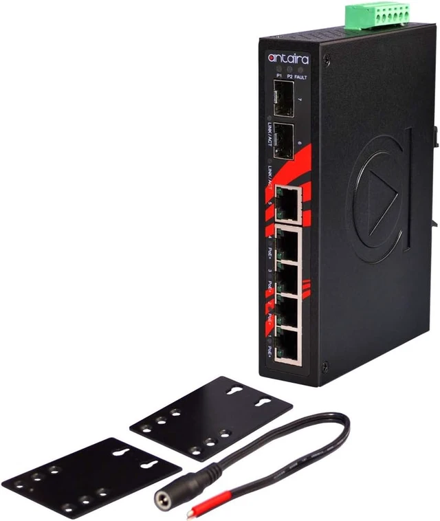 Alt view image 5 of 5 - Antaira LNP-0702C-SFP-T Industrial-Grade 7-Port PoE Unmanaged Gigabit Ethernet Switch, 2 SFPs, DIN-Rail Mount, -40 to 75°C Operating Temperature, Redundant 48 to 55 VDC Power Input, 5-Year Warranty