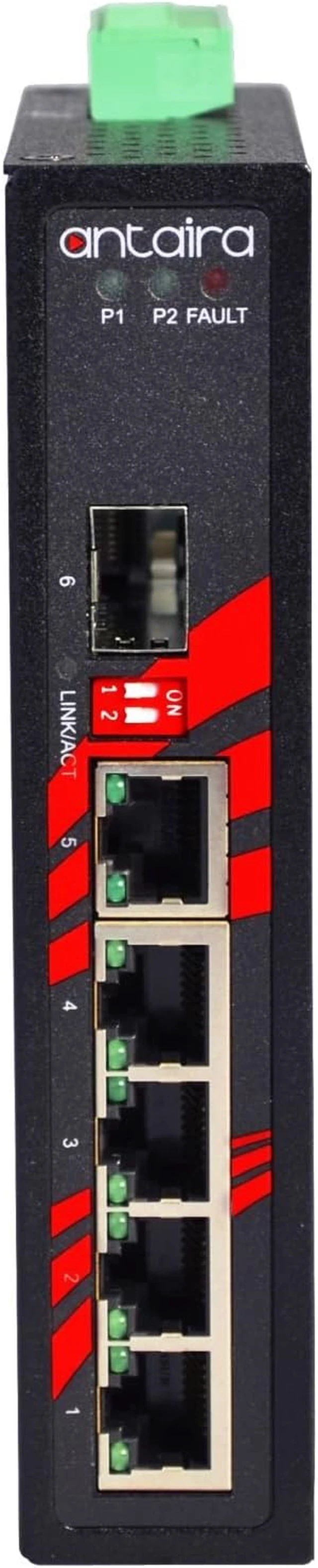 Alt view image 3 of 6 - Antaira LNX-0601G-SFP-T Industrial-Grade 6-Port Unmanaged Gigabit Ethernet Switch, 1 SFP Slot, DIN-Rail Mount, -40 to 75°C Operating Temperature, Redundant 12 to 48 VDC Power Input