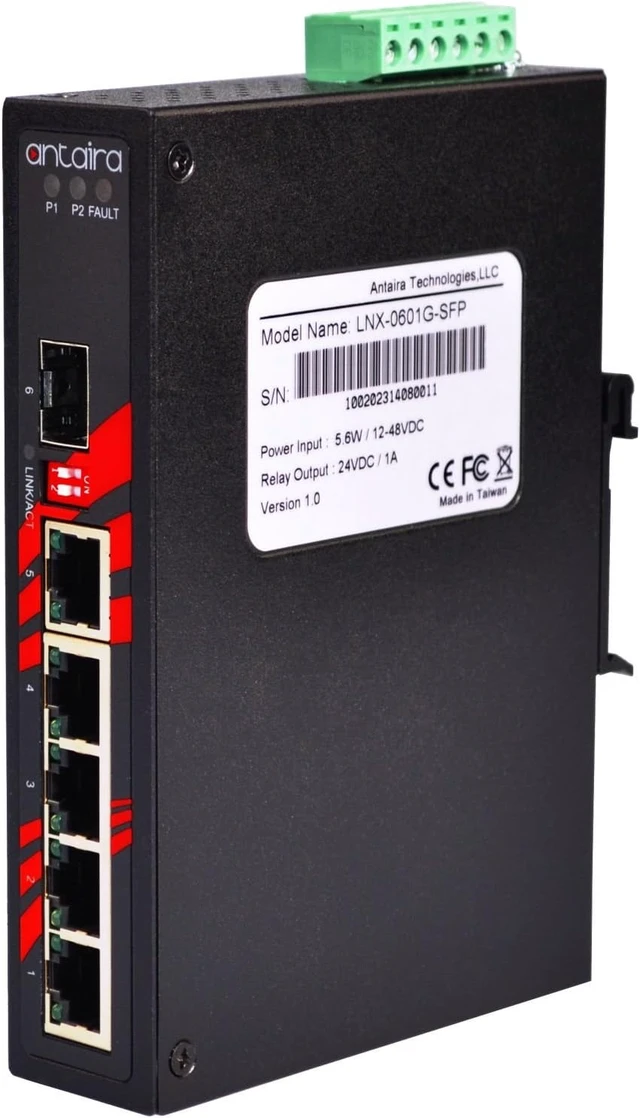 Alt view image 2 of 6 - Antaira LNX-0601G-SFP-T Industrial-Grade 6-Port Unmanaged Gigabit Ethernet Switch, 1 SFP Slot, DIN-Rail Mount, -40 to 75°C Operating Temperature, Redundant 12 to 48 VDC Power Input