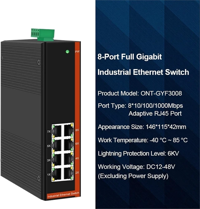 Alt view image 2 of 7 - Industrial Ethernet Switch, 5/8 Port, Full Gigabit, 10/100/1000M,-40 to 85 °C, DIN-Rail, IP40, 6KV Protection(ONT-GYF3008)