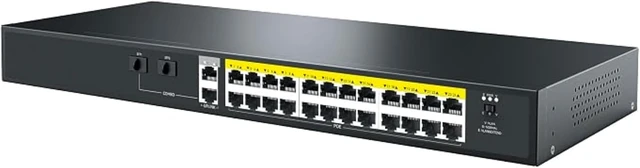 Main image of P124GH Uplink POE Switch; 24x 10/100M POE Ports (Data/Power), 1x 10/100/1000M RJ45 Ports (Data), 1x 1000M Uplink SFP Slot (Data), and 1x Combo 100/1000Mbps SFP Slot (Data); Steel Case