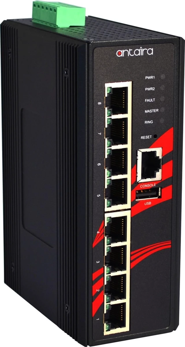 Alt view image 2 of 4 - Antaira LMX-0800-T Industrial-Grade 8-Port Managed Fast Ethernet Switch, DIN-Rail Mount, -40 to 75°C Operating Temperature, Redundant 12 to 48 VDC Power Input