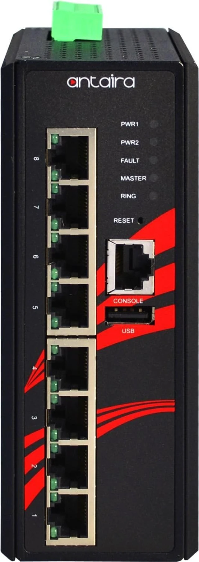 Alt view image 3 of 4 - Antaira LMX-0800-T Industrial-Grade 8-Port Managed Fast Ethernet Switch, DIN-Rail Mount, -40 to 75°C Operating Temperature, Redundant 12 to 48 VDC Power Input