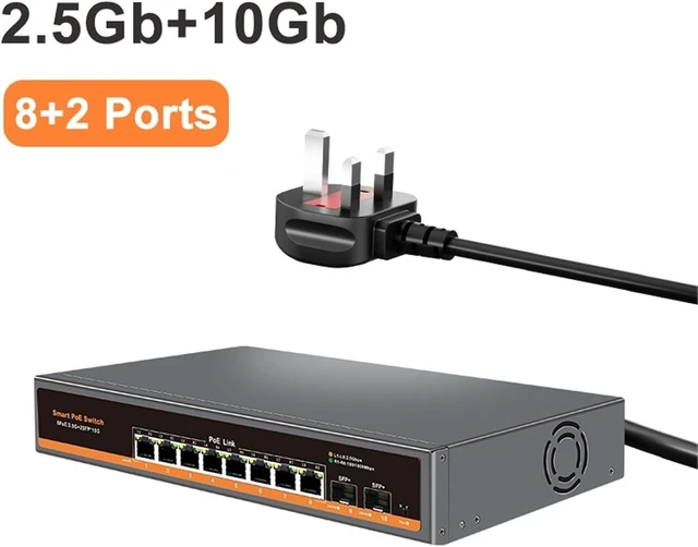 Alt view image 2 of 7 - Network Switch 10-Port Multi-gigabit unmanaged Ethernet Switch with 8 x IEEE 802.3af/at PoE+ Ports and 2 x 10Gb SFP+ for Uplink(Switch with UK Adapter)