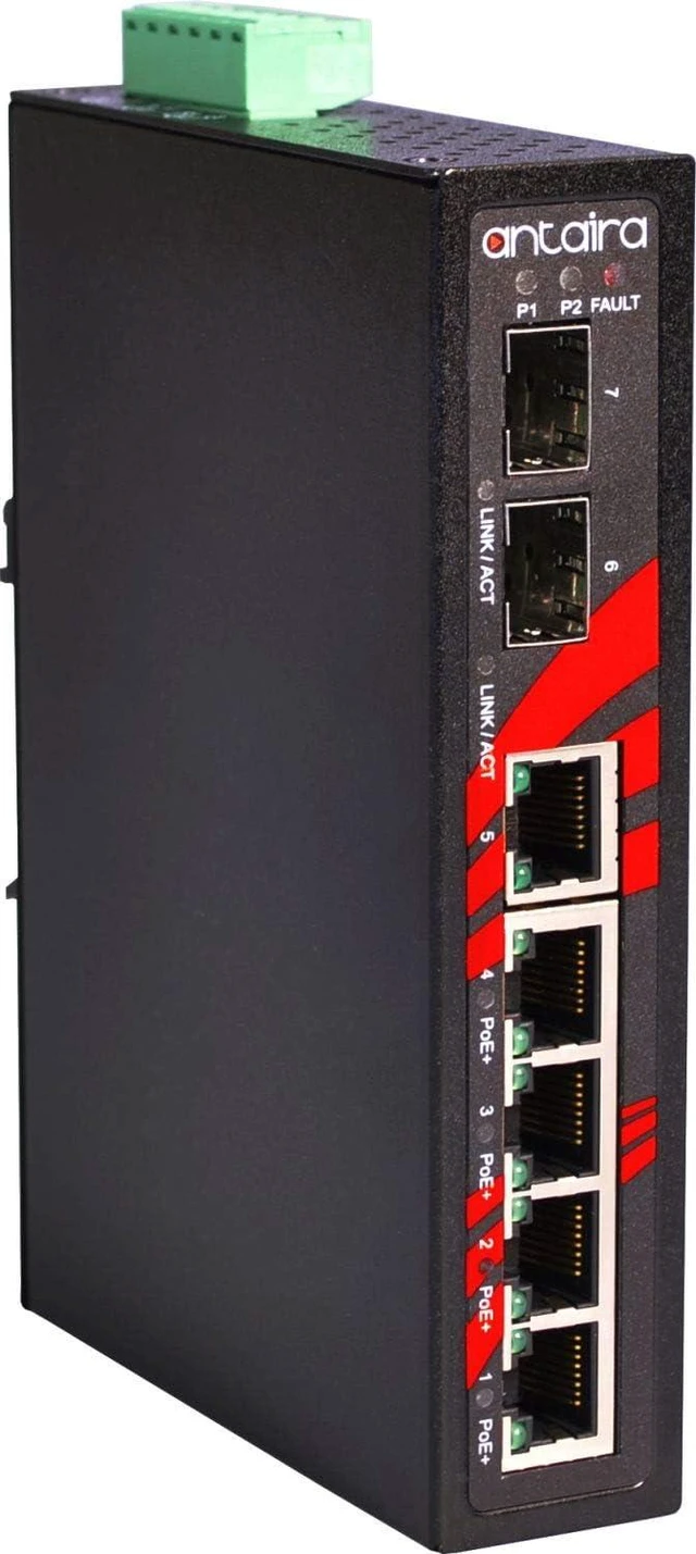 Main image of Antaira LNP-0702G-SFP Industrial-Grade 7-Port PoE Unmanaged Gigabit Ethernet Switch, 2 SFPs, DIN-Rail Mount, -10 to 70°C Operating Temperature, Redundant 48 to 55 VDC Power Input, 5-Year Warranty