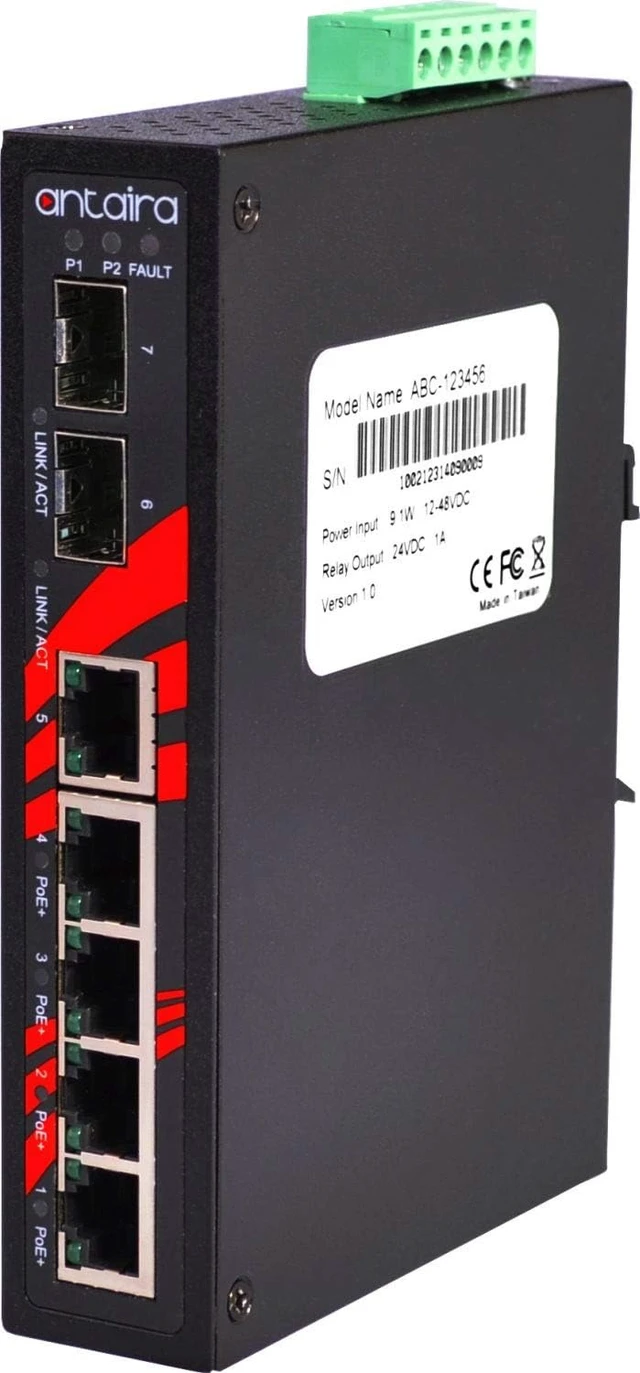 Alt view image 5 of 5 - Antaira LNP-0702G-SFP Industrial-Grade 7-Port PoE Unmanaged Gigabit Ethernet Switch, 2 SFPs, DIN-Rail Mount, -10 to 70°C Operating Temperature, Redundant 48 to 55 VDC Power Input, 5-Year Warranty