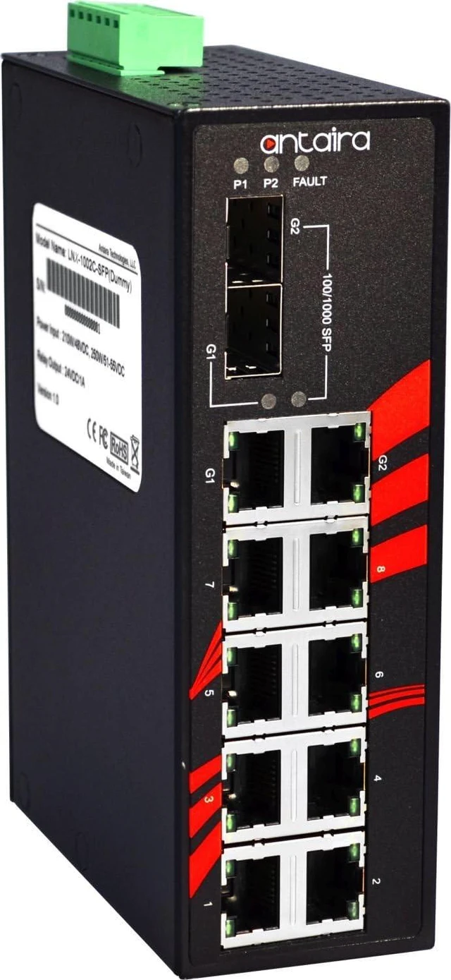 Main image of Antaira LNX-1002C-SFP Industrial-Grade 10-Port Unmanaged Fast Ethernet Switch, 2 SFP Slots, DIN-Rail Mount, -10 to 70°C Operating Temperature, Redundant 12 to 48 VDC Power Input