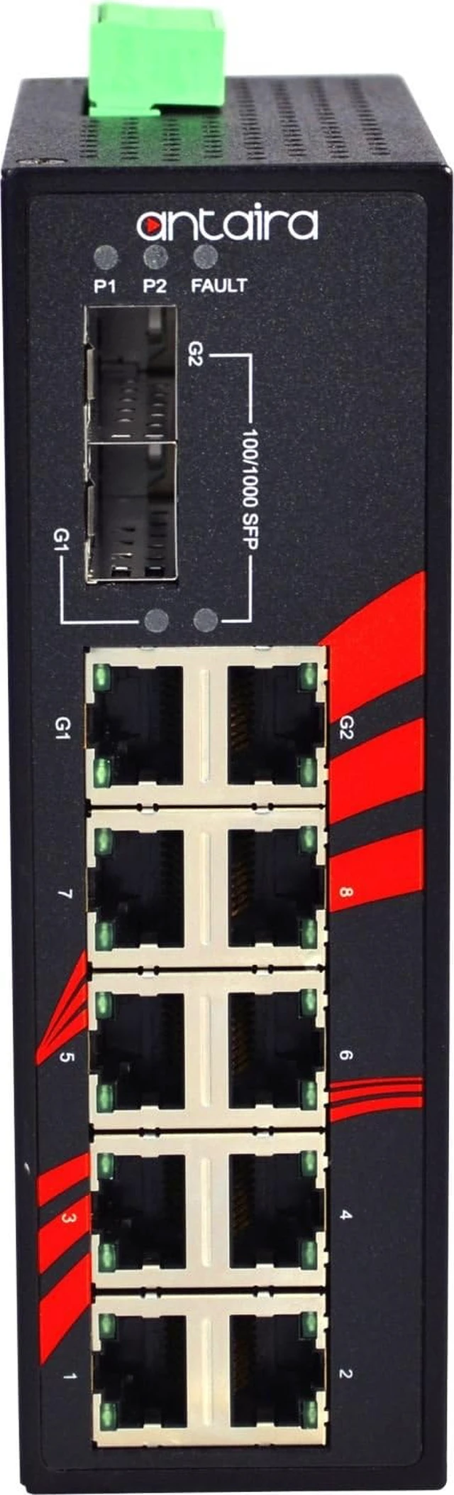 Alt view image 3 of 6 - Antaira LNX-1002C-SFP Industrial-Grade 10-Port Unmanaged Fast Ethernet Switch, 2 SFP Slots, DIN-Rail Mount, -10 to 70°C Operating Temperature, Redundant 12 to 48 VDC Power Input
