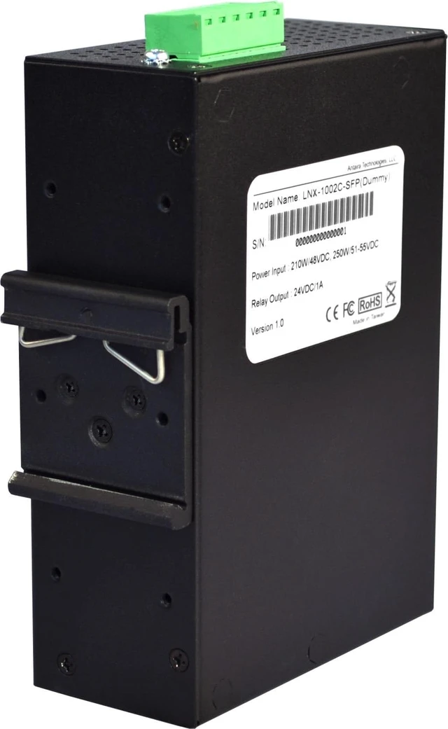 Alt view image 5 of 6 - Antaira LNX-1002C-SFP Industrial-Grade 10-Port Unmanaged Fast Ethernet Switch, 2 SFP Slots, DIN-Rail Mount, -10 to 70°C Operating Temperature, Redundant 12 to 48 VDC Power Input