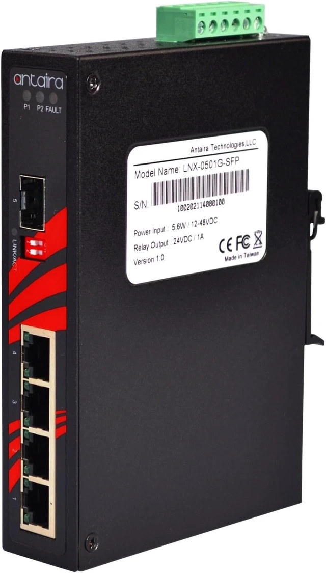 Alt view image 2 of 6 - Antaira LNX-0501G-SFP-T Industrial-Grade 5-Port Unmanaged Gigabit Ethernet Switch, 1 SFP Slot, DIN-Rail Mount, -40 to 75°C Operating Temperature, Redundant 12 to 48 VDC Power Input